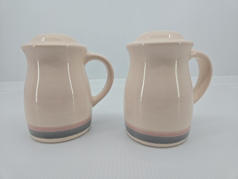 Pfaltzgraff Aura Pink Gray Stripe Salt & Pepper Shakers Set Stoneware Ceramic